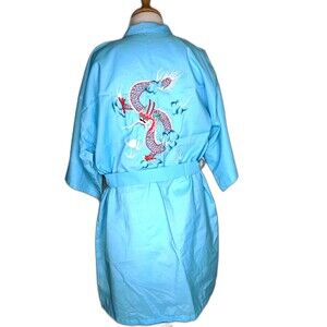 NOS Health Label Vintage 60s Dragon Asian Light Blue  Embroidered Kimono Robe M